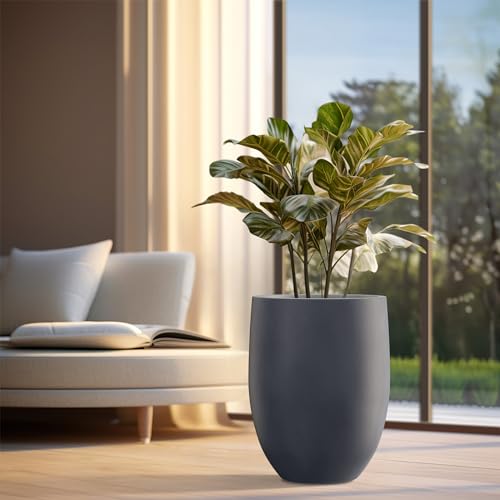 Image of Kante 21.7 inch H Dark Gray Concrete Tall Planter, Large Outdoor Indoor Decorative Pot with Drainage Hole and Rubber Plug, Modern Round Style for Home and Garden