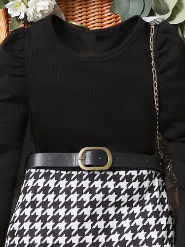 Floerns Girl's Ribbed Knit Puff Long Sleeve Patchwork Houndstooth Mini Dress3