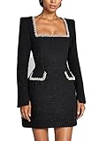 LETSVDO Women's Elegant Tweed Dress Long Sleeve Square Neck Pearl A Line Classy Formal Party Mini Dresses Fall 2024 Black