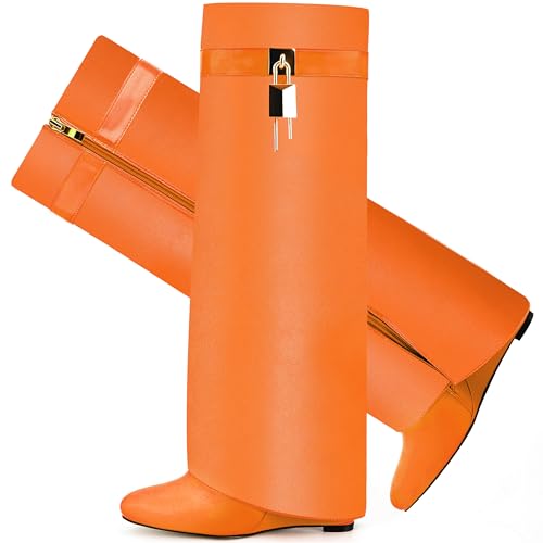 Image of Fold Over Boots for Women Pointy Pull-on Wedge Heel Knee Shark Boot With Side Zipper Padlock Design
