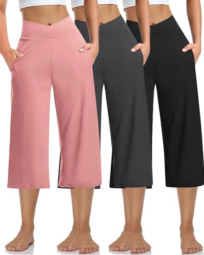 Image of Kivdol 3 Pack Womens Wide Leg Yoga Capris Crossover High Waist Casual Capri Pants Loose Soft Pajama Pockets Sweatpants