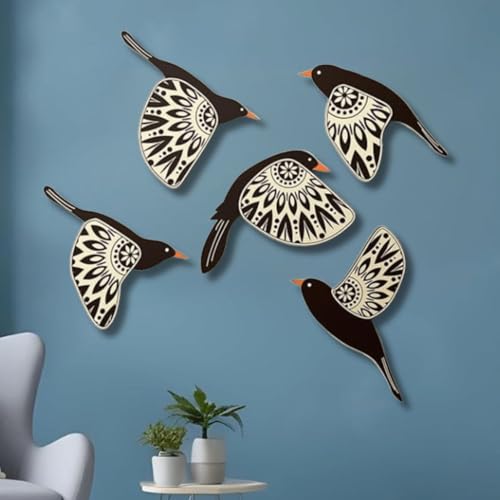 Image of SAF Wooden 3D 5 Pieces Birds on Rope Wall Art Panel | Wood Bird Folk Art Wall Hanging Art Decoration Item for Living Room, Bedroom, Drawing Room, Dining Room & Office (Black) (Multicolour)