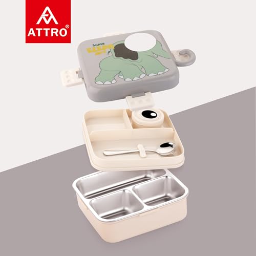 Image of ATTRO Carnival Super Elephant Lunch Box 2 Layer Stainless Steel Lunch Box Comes with 1 Detachable Tray, 1 Small Container & 1 Spoon Ideal for Kids BPA Free 1120ml+70ml- Grey