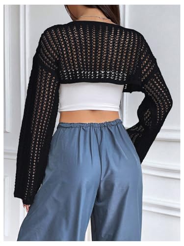 Verdusa Women's Hollow Out Knit Drop Shoulder Crop Sweater Pullover Top2