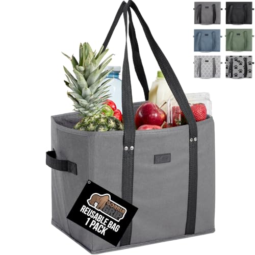 GORILLA GRIP Heavy Duty Foldable Reusable Grocery Bags, Transport Heavy Groceries to Car, Tear Resistant Box Shape Shopping Tote with Strong Handles, Grip Feet Bottom, 13x10x11, 1 Pack, Gray Black