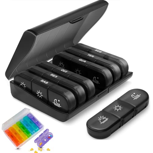 Porta Comprimidos Organizador de Medicamentos Semanal, 7 Dias, 3 Compartimentos Diários, Estojo Portátil de Acrílico - EM PORTUGUÊS (cores sortidas: todo preto ou colorido)