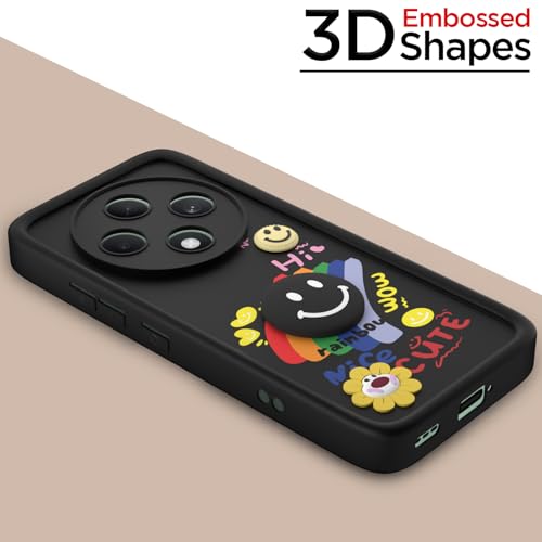 Image of Pikkme Back Cover for Oppo F27 5G | Soft Silicone| Cute Rainbow Smile & 3D Cartoon Flower Design | Shockproof Raised Camera Protection Bumper Case (Black)