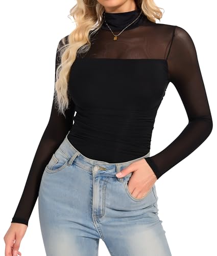 Image of SHAPERIN Mesh Bodysuit Long Sleeve Women Sexy Sheer Mesh Bodysuits Tops Mock Turtle Neck Going Out Party Club Black XL