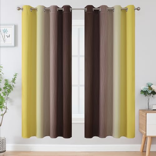 Estelar Textiler Brown and Yellow Blackout Curtains for Living Room, Full Room Darkening Grommet Ombre Curtains for Bedroom, Thermal Insulated Light Blocking Gradient Drapes, 52Wx72L, 2 Panels