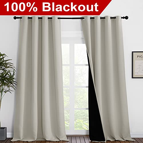 Image of NICETOWN Full Shading Curtains for Windows, Super Heavy-Duty Black Lined Blackout Curtains for Bedroom, Privacy Assured Window Treatment (Natural, Pack of 2, 55 inches W x 102 inches L)