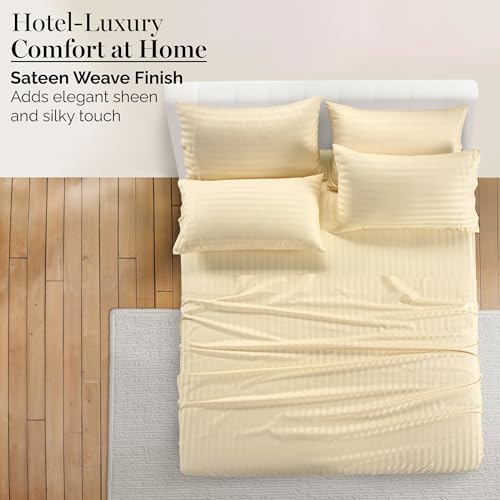 Casa Platino 100% Egyptian Cotton Sheets Full Size Set - 6 Pieces - Damask Stripe- Ultra Smooth Sateen Weave Bed Sheets Set with 15" Deep Pockets - Ivory