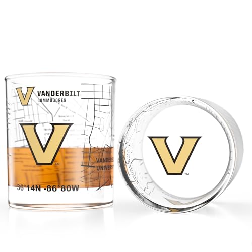 Image of Greenline Goods Vanderbilt University Commodores Whiskey Glasses Set of 2, 10 oz Rocks Glasses with Full-Color Logo & Campus Map - Officially Licensed Bourbon Glass Gift for Alumni & Fans