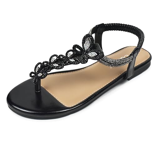 Women's Butterfly Thong Flat Sandals T-Strap Rhinestone Boho Wedding Dressy Sandals for Women