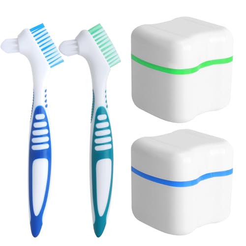 Caja dentadura postiza con cepillo – Set de 2 cajas portátiles sin BPA con cepillos de limpieza, almacenamiento higiénico y seguro para dentaduras, férulas y aparatos dentales de viaje