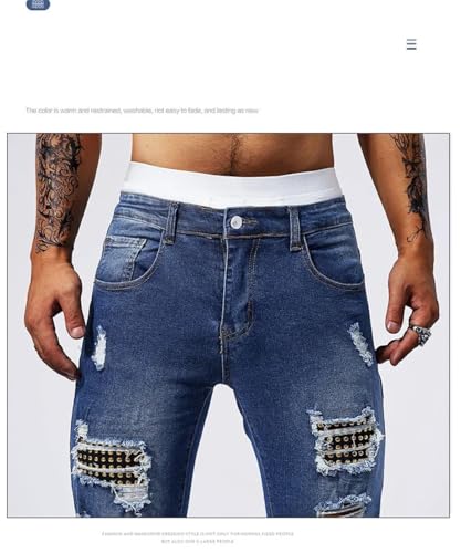 Men Ripped Rivet Hip-Hop High Street Motorcycle Denim Trousers Male Stretch Slim Fit Trousers2
