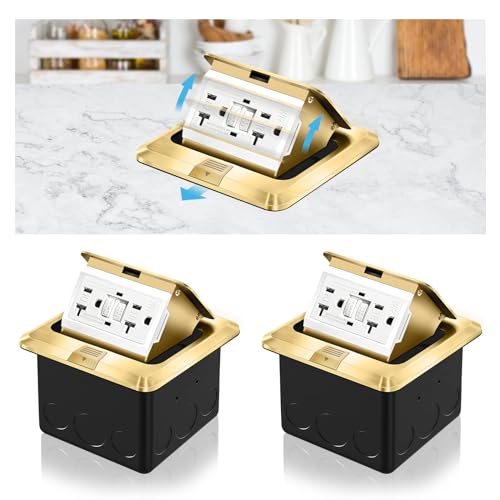 Vagueior Recessed Floor Electrical Outlet Kit,Waterproof Electrical Outlet Covcer Box,Hidden GFCI Outlet+20A Tamper-Resistant Receptacle Outlet with Slow Elastic Damping?ETL Certified?Gold(2 Pack)