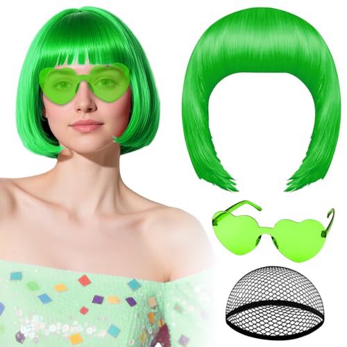 PLULON Grass Green Bob Wig with Heart Sunglasses Hair Cap Neon Colored Wigs