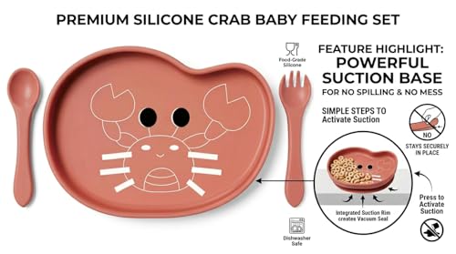 Image of TIGGY & BONNET Crab 2 Pcs Silicone Baby Feeding Set | BPA-Free, Microwave Safe, Anti-Slip Base, Suction Plate & Spoon