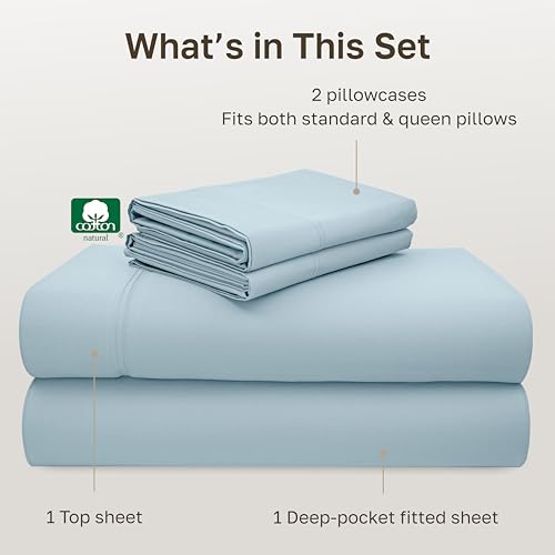 Image of California Design Den Full Size Sheets Set - 600 Thread Count Sateen, 100% Cotton Sheets, Deep Pockets with All Around Elastic, Snug Fit, Durable Bedding Set - Sea Mist Blue