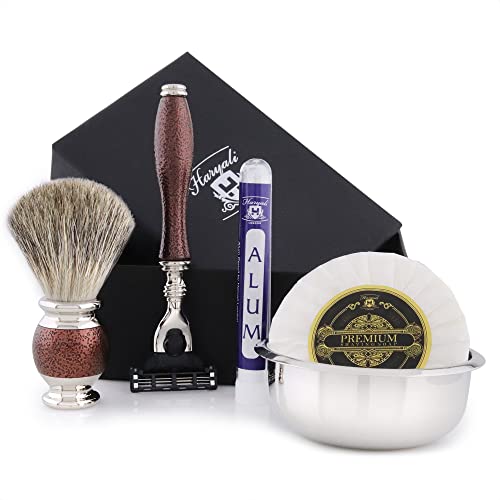 Haryali London 3 Edge Shaving Razor with Black Badger Hair Brush, Soap, Bowl and Alum Perfect Mens Grooming & Shaving Kit for Perfect Shave