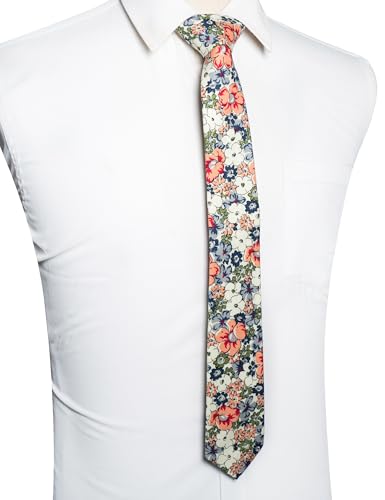 Corbata skinny floral de algodón con set de pañuelo y clip miniatura 3