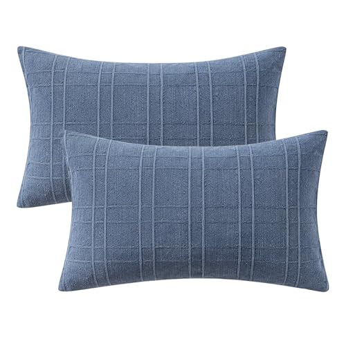 Image of MIULEE Decorative Linen Check Lumar Throw Pillow Covers Neutral Farmhouse Vintage Pillow Covers 12x20 Set of 2 Boho Modern Home Decor for Sofa Couch Bedroom Cushion Blue