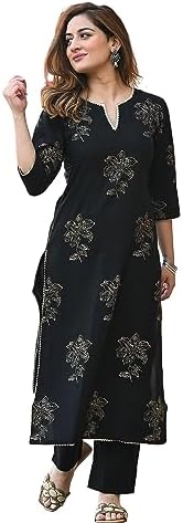 Arayna Women's Gold Printed Rayon Black Kurta Set with Ethnic Palazzo Pants