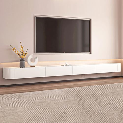 Meuble TV flottant blanc 140 cm avec rangements fermés et niches