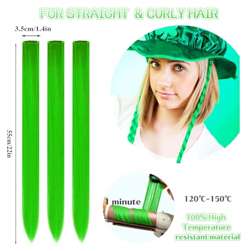 CLOEWCL 12 PCS Green Hair Extensions Clip in, 22" Colored Hair Extensions, Highlights Colorful Hair Piece DIY Hair Accessories on Daily Party