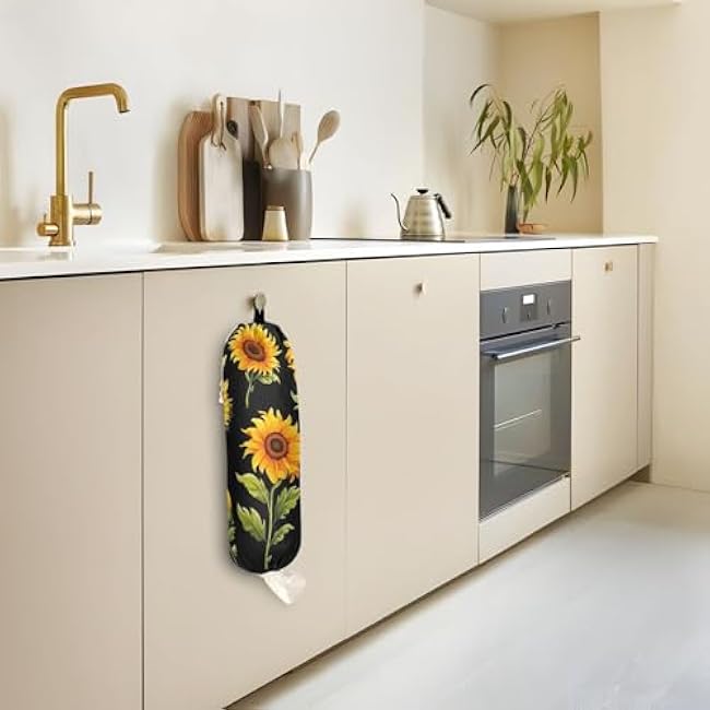 RunningBear Flowers Black Sunflowers Plastic Bag Holder Large Grocery Bag Holder Wall Mount Plastic Bag Holders Plastic Bag Organizer Dispenser for Kitchen Closet,1 Pack