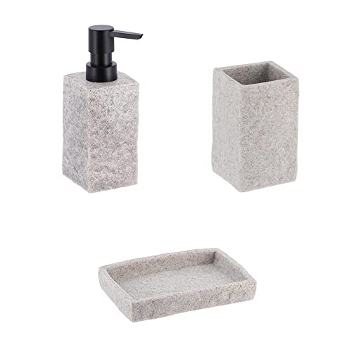 PLUS HOME Juego de dispensador baño poliresina Efecto Piedra 3 Piezas Incluye dispensador 17 * 6cm,Vaso 11 * 6.5cm, jabonera 13 * 2cm.Gris