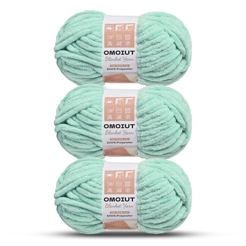 Image of 3 Pack of Mint Green Chunky Chenille Yarn for Crocheting, Soft Baby Blanket Yarn, Chunky Knit Blanket Crochet Yarn, #7 Super Bulky, 10.6oz /164 yds Fluffy Velvet Amigurumi Yarn