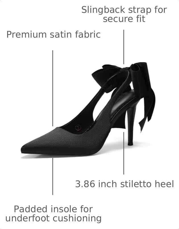 Image of Coutgo Womens Slingback High Heels with Bow Closed Pointed Toe Wedding Bride Dress Shoes Satin Pumps