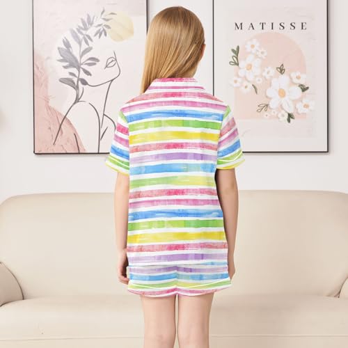Rainbow Stripes Summer Satin Pajama Set, Cute Button-Down Sleepwear Pj Set for Sleep Wears4
