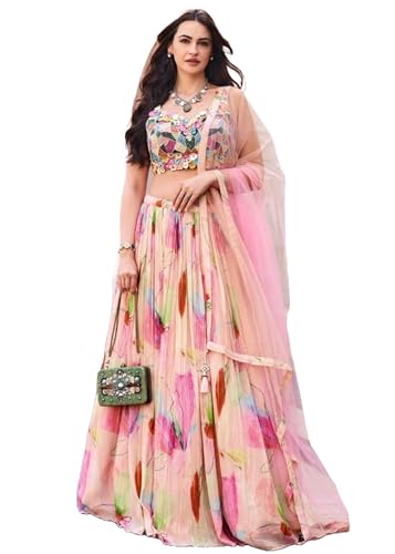 Lehenga 11077 en soie véritable Chinon rose de luxe pour femme