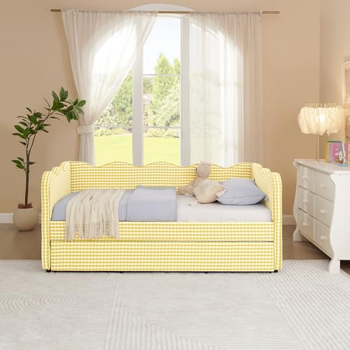 Image of KEIKI Twin Size Upholstery Gingham Daybed with Trundle and USB, Yellow