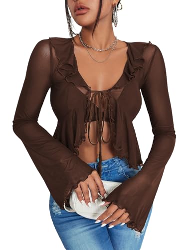 Amazon.com: GORGLITTER Women's Sheer Bell Long Sleeve Crop Tops