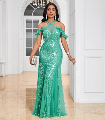 Image of Cololura Women Sexy Sequin Halter Neck Short Sleeve Mesh Perspective Party Bodycon Evening Cocktail Maxi Dress