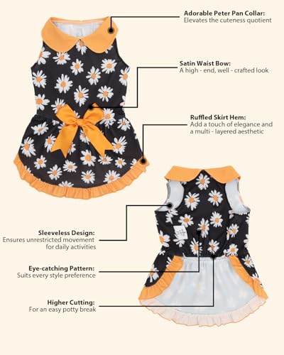 Image of CuteBone Retro Black Daisy Pet Dress with Peter Pan Collar - Bold Floral Pattern - Sleeveless Ruffled Skirt with Bow for Small Dogs, Cats - Stylish Daily & Party Wear