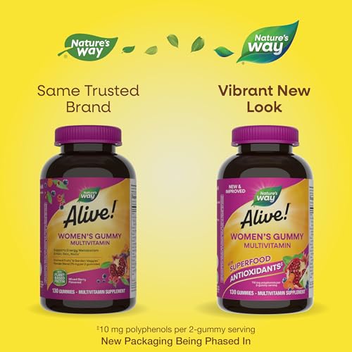 Nature's Way Alive! Women's Daily Gummy Multivitamins, 16 Vitamins & Minerals, Energy Metabolism*, Hair Skin & Nails*, Vegetarian, Mixed Berry Flavored, 130 Gummies (Packaging May Vary)