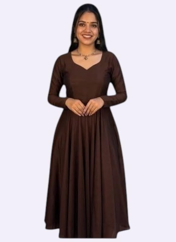 Image of Women's Ethnic Anarkali Kurta Set | Premium Vichitra Silk Gown with Printed Mayura Silk Kalamkari Dupatta Brown