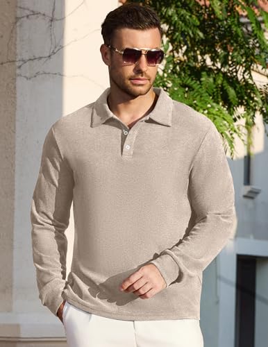 Camiseta Polo Hombre Manga Larga Cuello con Botones Casual Trabajo Pulóver | Ultra suave, Estiramiento, Forro polar térmico, Textura vertical fina, Ajuste holgado, Sólido, Polo térmico para golf miniatura 2