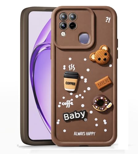 Image of Bintage CASE Cute Fun Taddy Cartoon 3D Ball Bear Milk Cake Coffee Silicon Case Full Body & Camera Protection Back Cover Compatible for Infinix Hot 12 - Brown