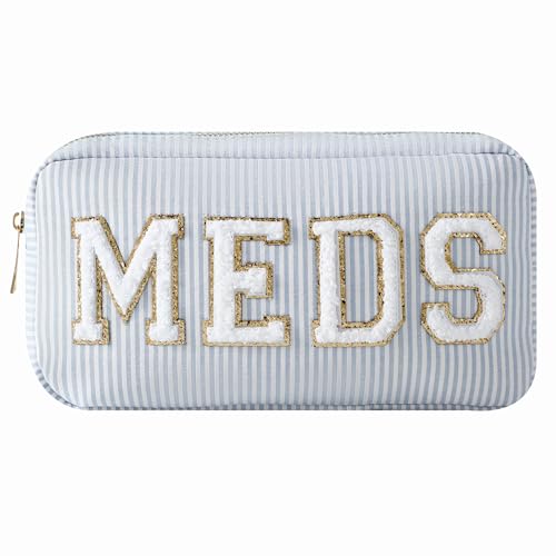 uekeboag Seersucker Chenille Letter Stuff Meds RX Makeup Bag, Travel Washable Purse Organizer with Zipper, Lightweight Toiletry Cute Personalized Preppy Cosmetic Bag For Women and Girls(03Blue Meds)