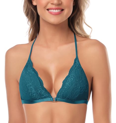 Image of SHEKINI Women's Embroidered Triangle Bra Front Closure Plunge Wireless Lightly Lined Lace Bralette Top