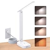 One Beat Small LED Desk Lamp Power Strip 10ft Extension Cord, 3 Outlets 4 USB Ports(2 USB C), 4 Modes, 5 Level Touch Lamp, Study Reading Light, Home Office Bedroom College Dorm Room Essentials, White