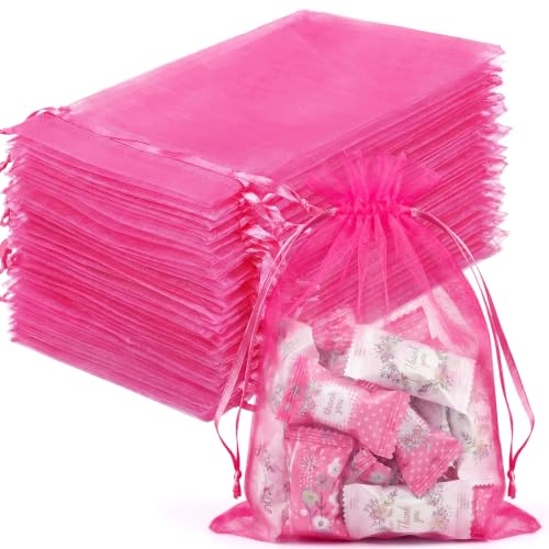 Image of FUNFERY 100PCS Hot Pink Organza Gift Bags 5x7in,Drawstring Jewelry Pouch
