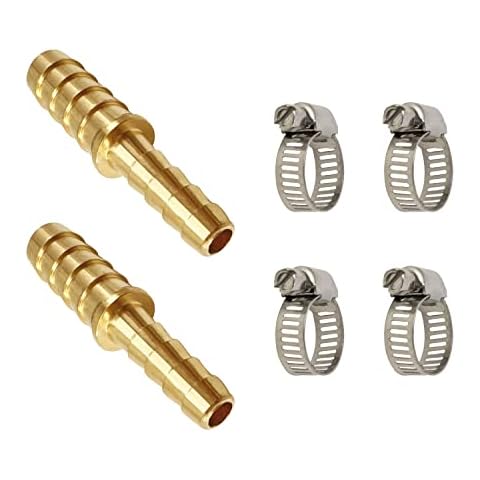 LIONMAX Hose Barb Reducer Fittings 2 PCS, 1/4'' to 3/8'' Barb Hose ID, Brass Hose Barb Splicer Mender Adapter, with 4 Hose Clamps, for Air/Water/Fuel Cover