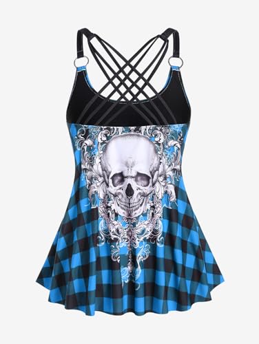 Rosegal Womens Plus Size Gothic Skull Plaid Padded Boyleg Strappy Modest Tankini Swimsuit Set3
