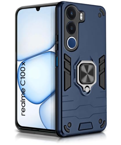 Image of WOW IMAGINE Shock Proof Back Case Mobile Cover for Realme C100x | Back Cover Case (Tough Armor | Hybrid PC + TPU | Ring Holder & in-Built Kickstand | Blue)